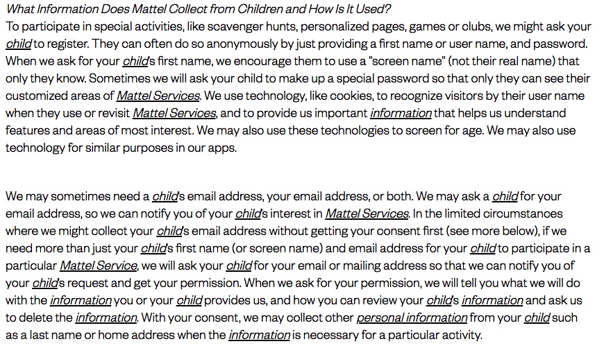 Mattel Children&#039;s Privacy Statement: What information does Mattel collect from children and how is it used clause