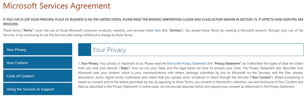 Microsoft Services Agreement Privacy Clause