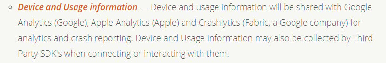 Momento App Privacy Policy: Device and Usage Information clause