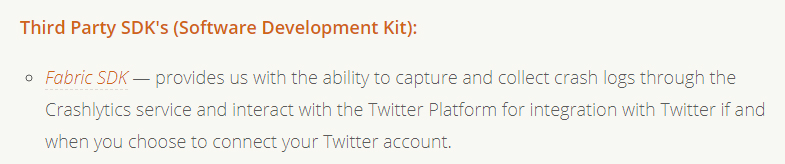 Momento App Privacy Policy: Third Party SDK - Fabric SDK clause