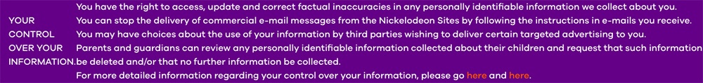 Nickelodeon Privacy Policy: Your control over your information clause