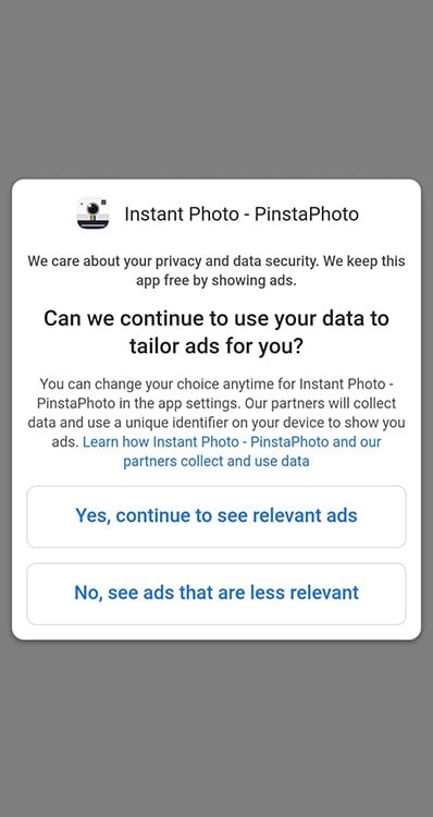 PinstaPhoto Android app: Screen requesting consent to show tailored ads