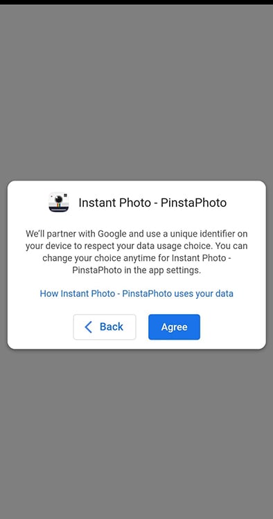 PInstaPhoto Android app screen getting consent for Google to use data