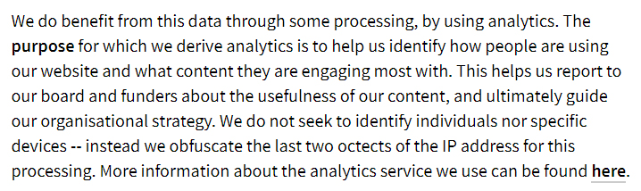 Privacy International: What we collect and why - Analytics clause