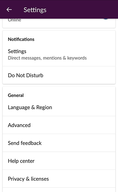 Slack app Settings screen