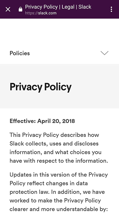Slack mobile Privacy Policy: Screenshot of intro