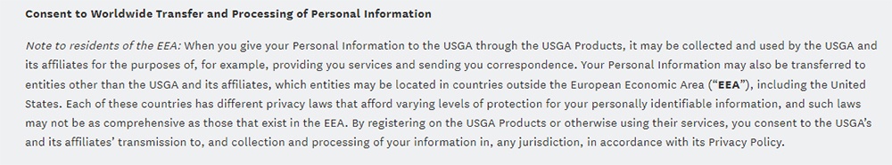 USGA Privacy Policy: Consent to Worldwide Transfer and Processing of Personal Information clause