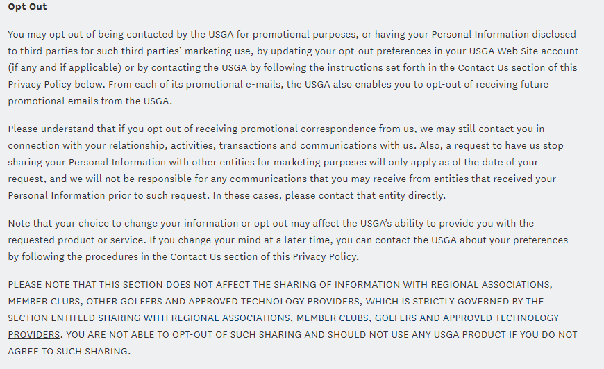 USGA Privacy Policy: Opt Out clause