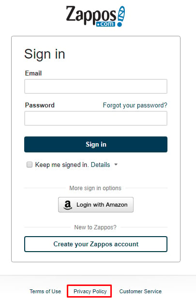 Zappos Login screen with Privacy Policy link highlighted