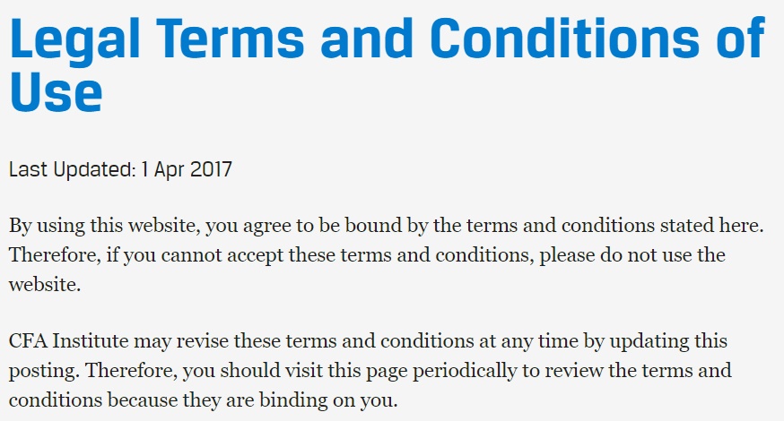 CFA Institute Terms and Conditions of Use: Intro paragraph with browsewrap