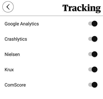 The Guardian Android app Tracking settings screen