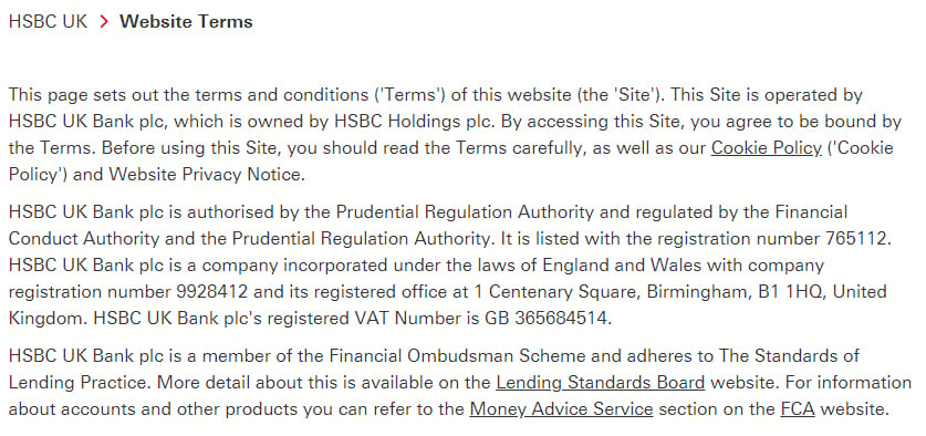 HSBC UK Website Terms: Introduction clause
