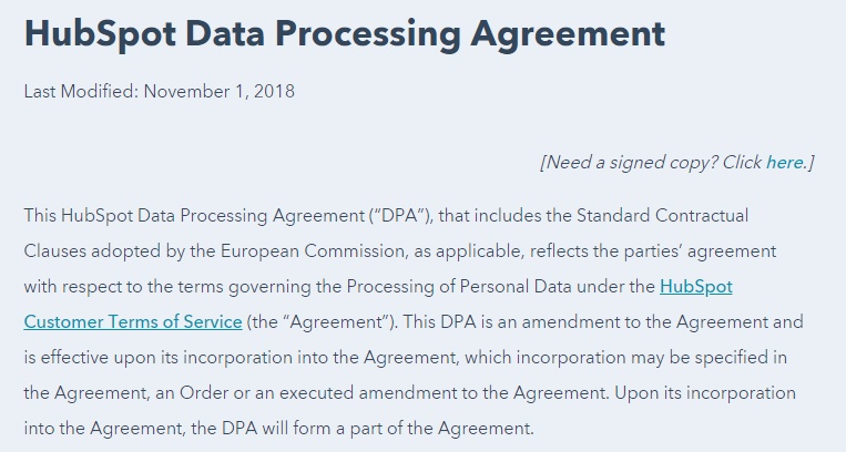 Screenshot of HubSpot Data Processing Agreement: Intro clause