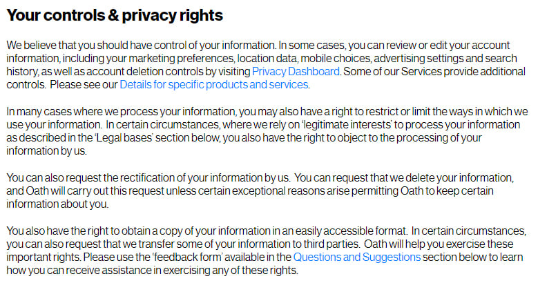 Oath Privacy Centre: Your controls and privacy rights clause