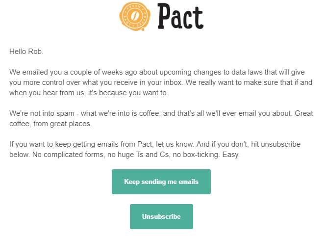 Pact Coffee: Repermission email for consent for email marketing