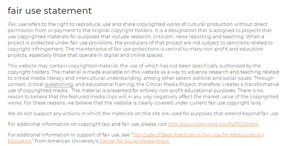 Critical Media Project: Fair use statement