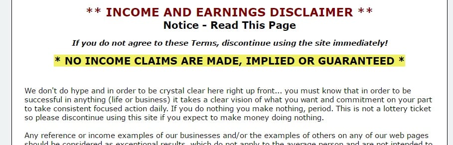 Example of an income and earnings disclaimer