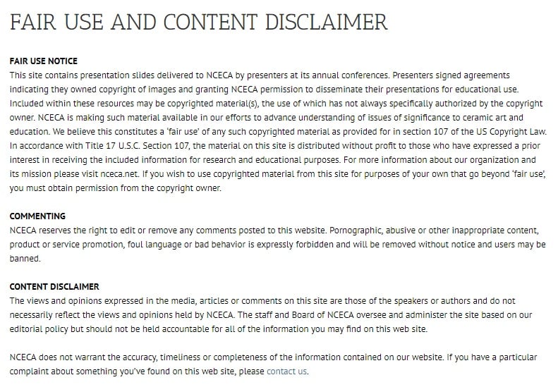 NCECA Fair Use and Content Disclaimer