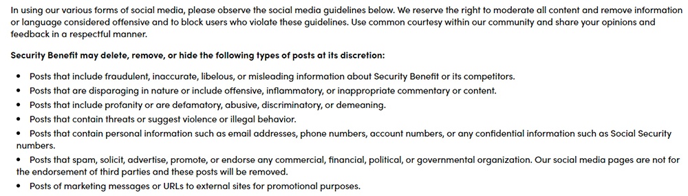 Security Benefit social media disclaimer reserving the right to moderate content