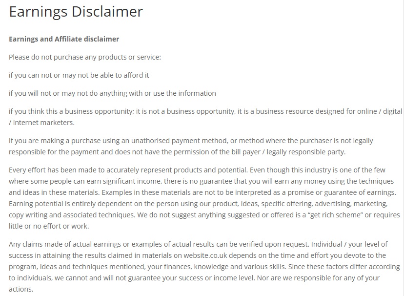 Website.co.uk: Earnings and Affiliate Disclaimer excerpt