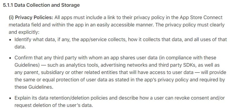 Apple App Store Review Guidelines: Clause for Data Collection and Storage