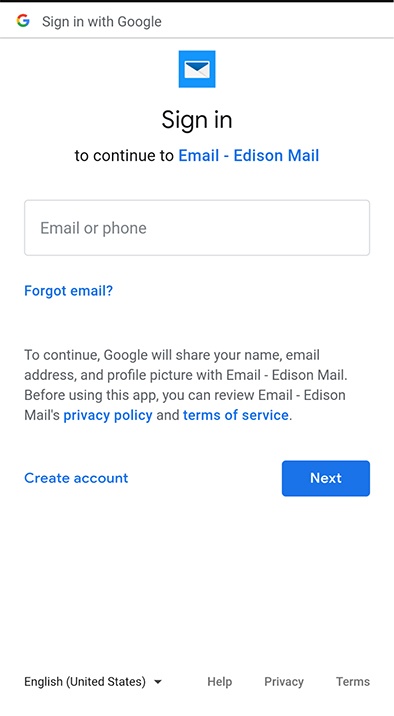 Screenshot of Edison app sign-in screen