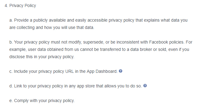 Facebook Platform Policy: Privacy Policy requirement clause