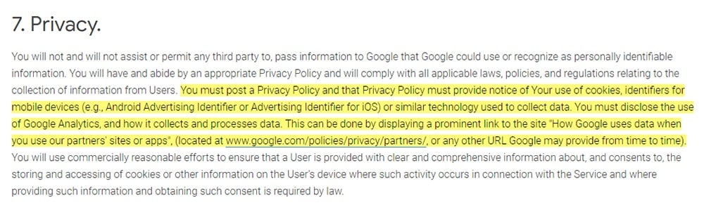 Google Analytics Terms of Service: Privacy clause