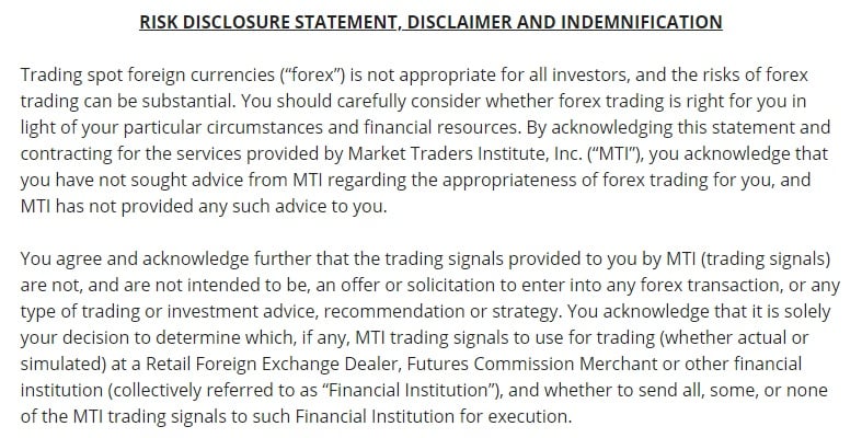 Market Traders Institute: Excerpt of Risk Disclaimer