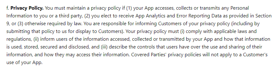 Microsoft App Developer Agreement Terms and Conditions: Privacy Policy clause