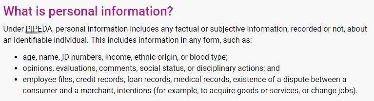 Privacy commissioner of Canada: PIPEDA in Brief - What is personal information