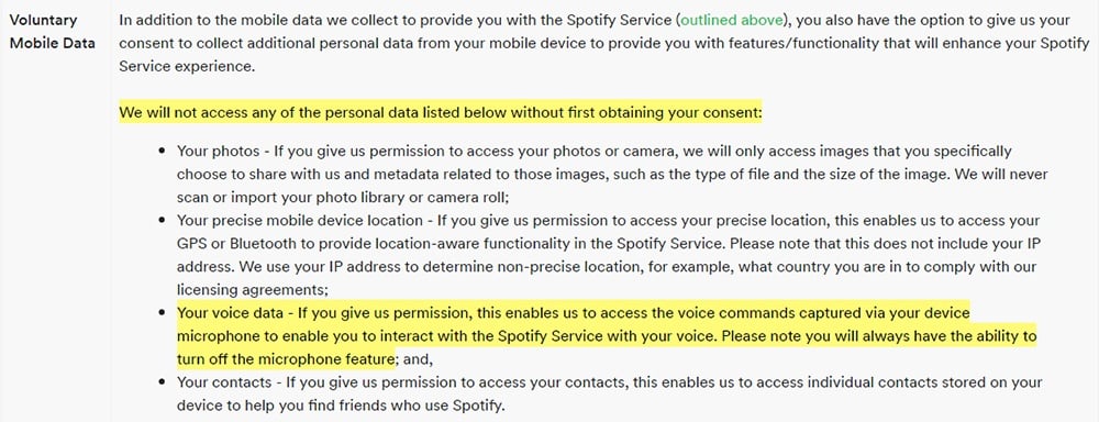 Spotify Privacy Policy: Voluntary Mobile Data Collected clause excerpt - Voice Data highlighted