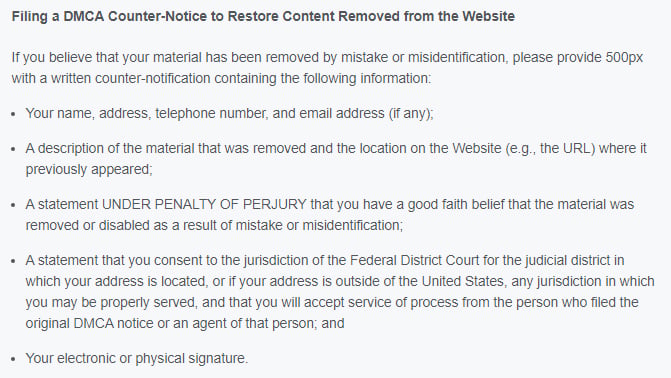 500px Terms of Service: Filing a DMCA Counter-Notice to Restore Content Removed clause