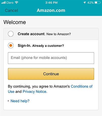 Amazon app sign-in screen