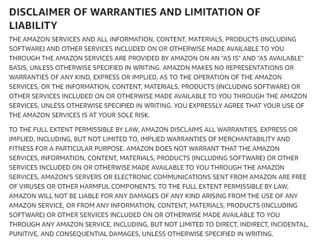 Amazon disclaimer of warranties and limitation of liability
