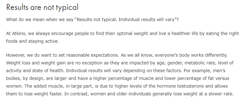 Atkins results not typical disclaimer