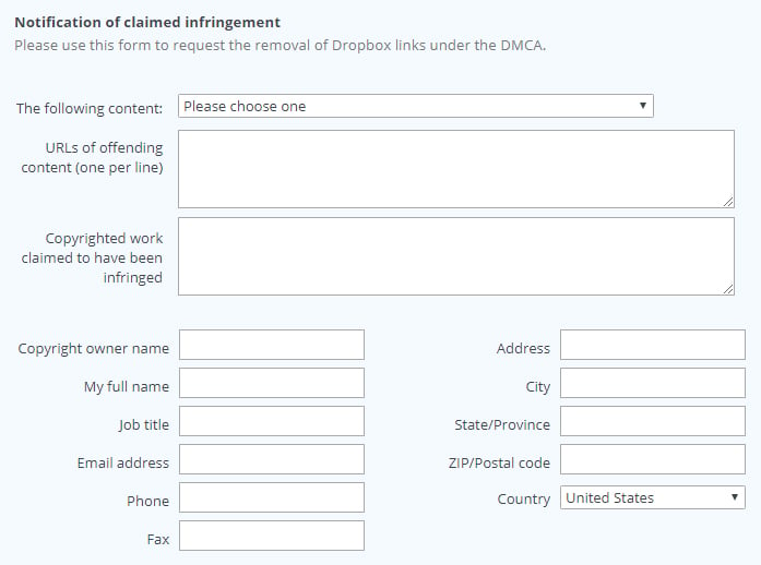 Dropbox DMCA Notification of Claimed Infringement webform fields