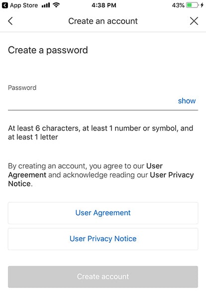 eBay app create account form