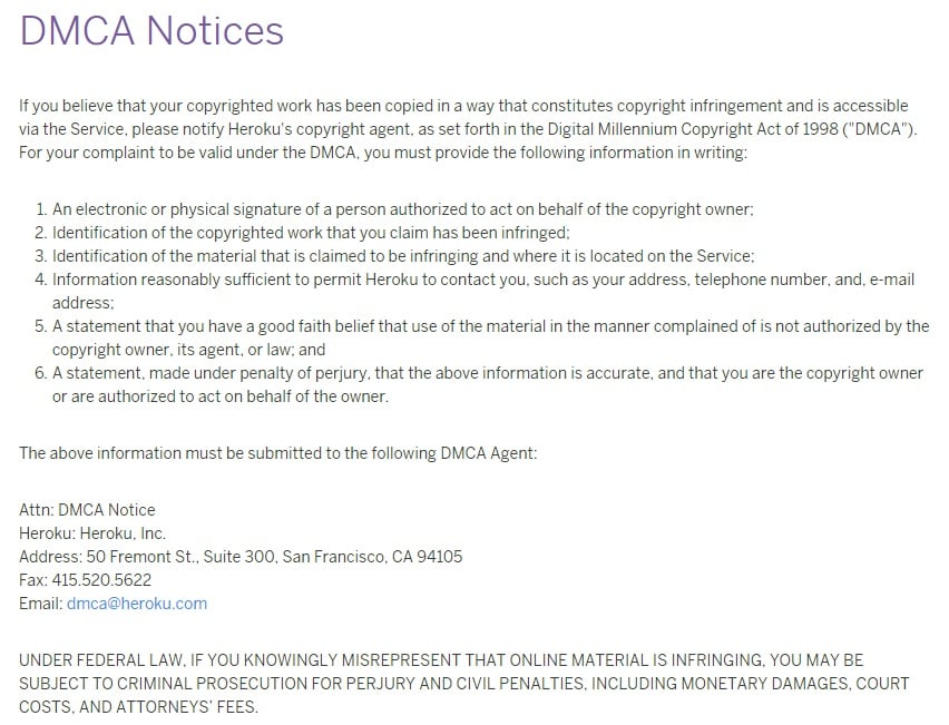 Heroku DMCA Notices instructions page