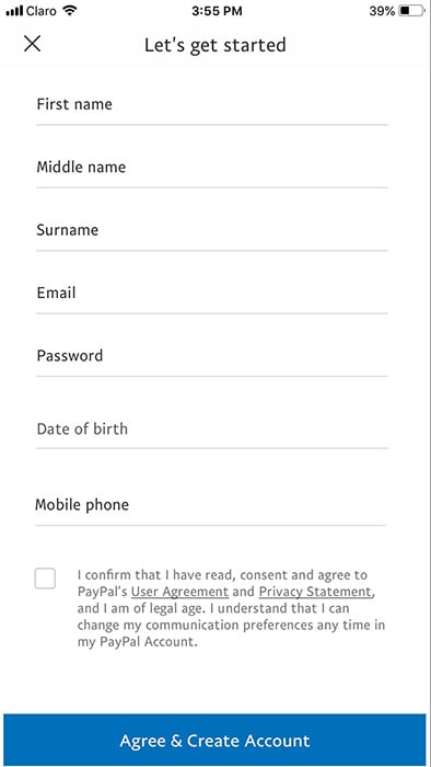 PayPal app create account form with checkbox with Agree button