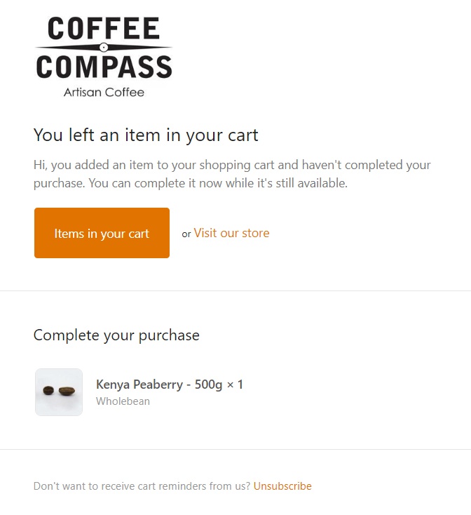 Screenshot of shopping cart reminder email from Coffee Compass