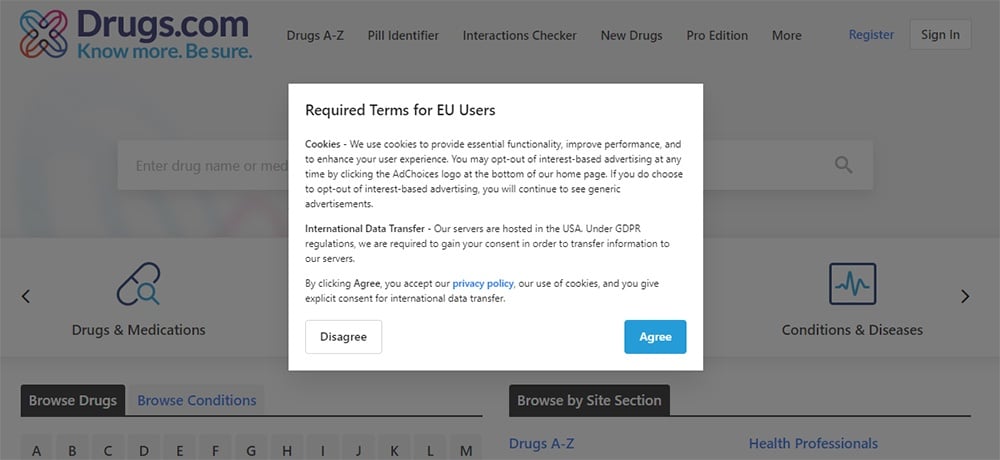 Screenshot of Drugs cookie wall with required terms for EU users