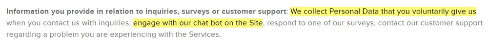 Evertrue Privacy Policy: Information you provide in relation to inquiries, surveys or customer support - Chat bot clause