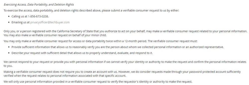 Techbuyer CCPA Privacy Notice: Exercising Access, Data Portability and Deletion Rights clause