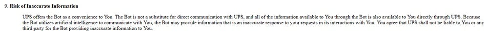 UPS Bot Terms of Use: Risk of Inaccurate Information clause