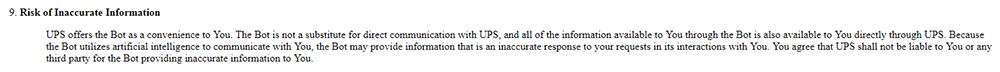 UPS Bot Terms of Use: Risk of Inaccurate Information clause