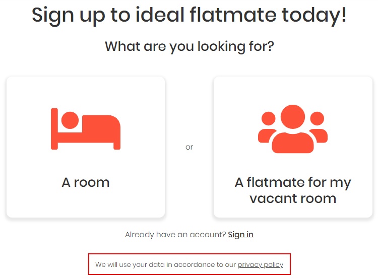 Ideal Flatmate sign-up page with Privacy Policy link highlighted