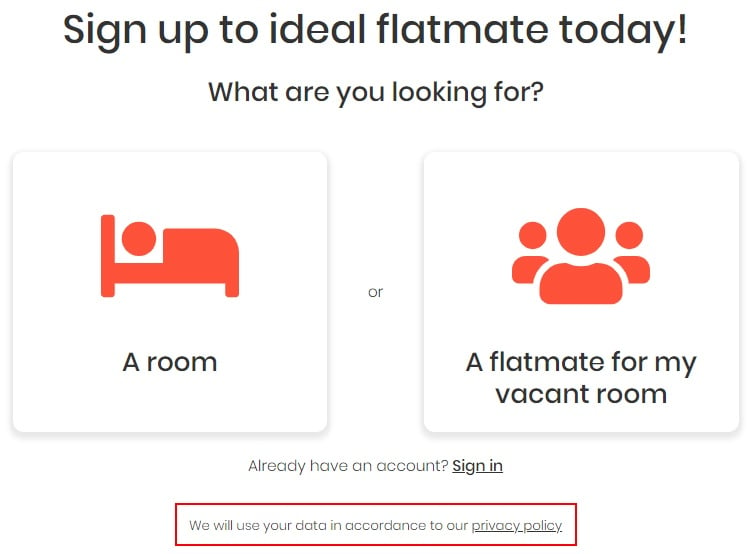 Ideal Flatmate sign-up page with Privacy Policy link highlighted