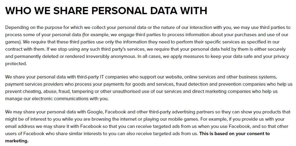 Square Enix Privacy Notice: Who we share personal data with - third-party clause excerpt