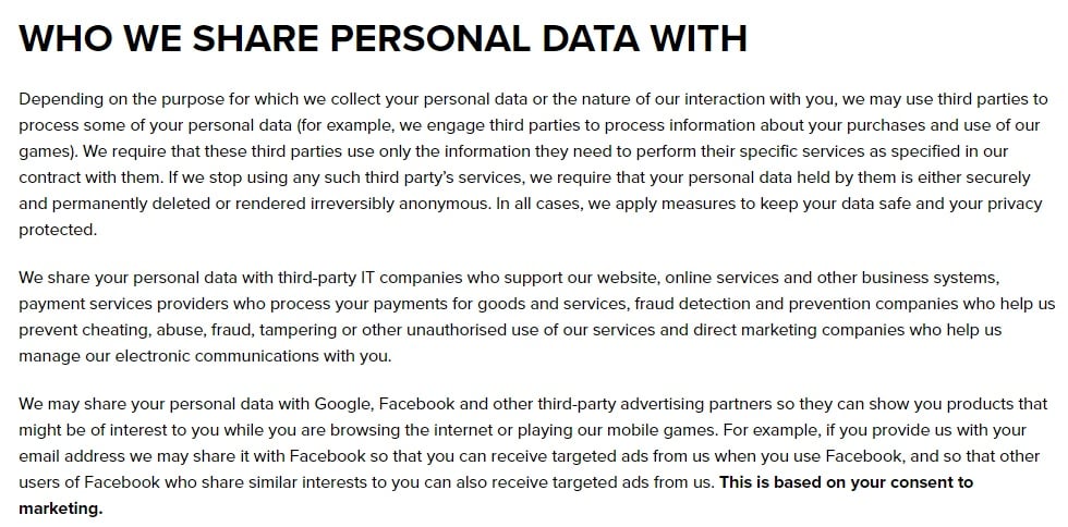 Square Enix Privacy Notice: Who we share personal data with - third-party clause excerpt